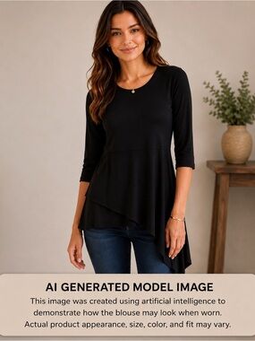 Carine Black Asymmetrical Hem Slip Over Tunic Top 3/4 Sleeve Size Small